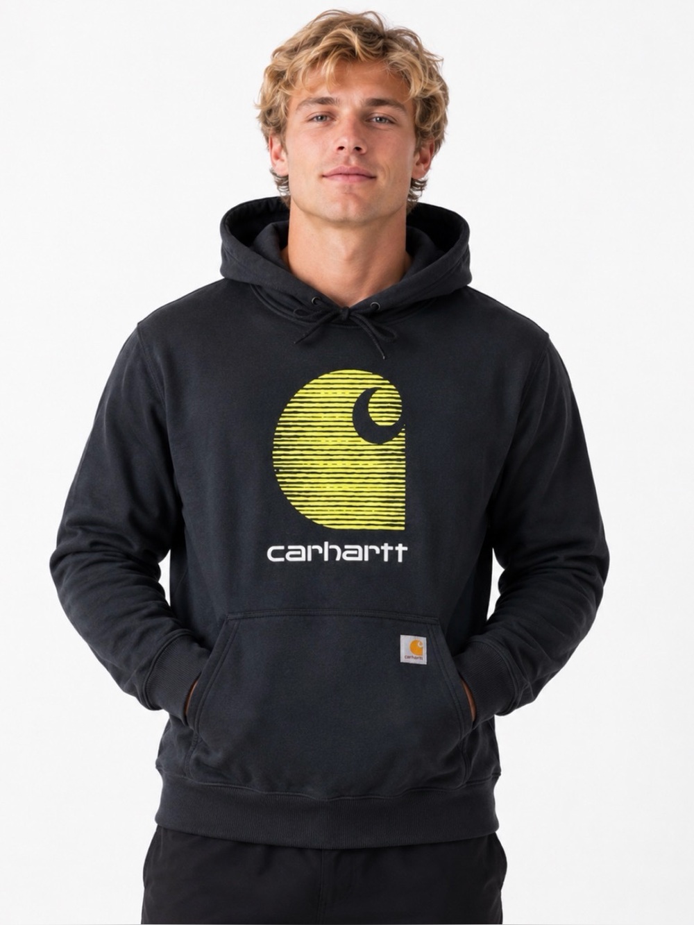 Carhartt Men's Black Hoodie Sweatshirt - Black & Yellow/Green (L)
